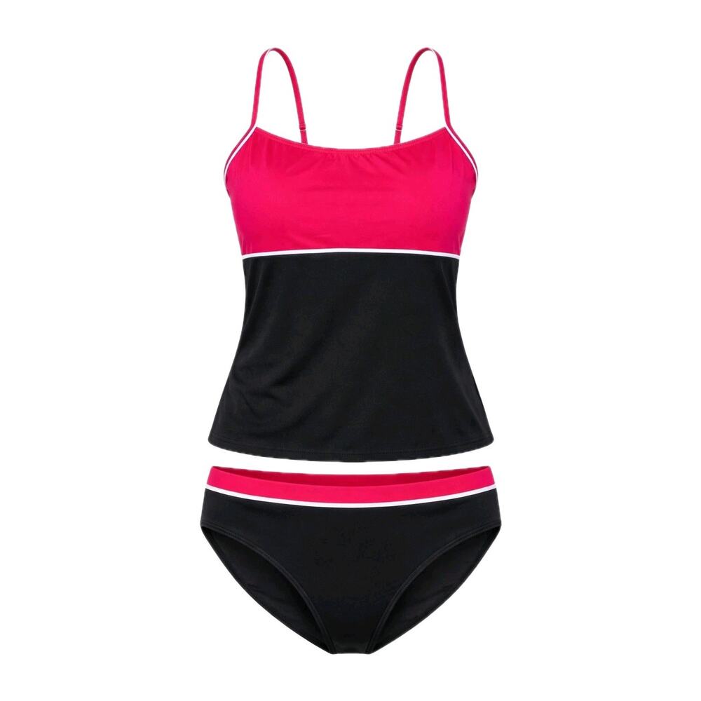 LL Bean NWT Womens Tankini Size 12 Poppy Pink & Black Beach Swim Suit 2 Piece